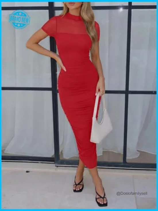 Sheer Mesh Midi Bodycon Dress Ruched Elegant Cocktail Evening Party Wear - Picture 3 of 7